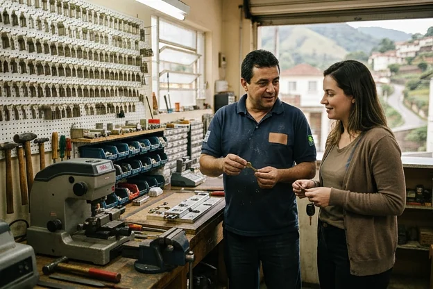 Chaveiro atendendo cliente em Petrópolis, oferecendo conselhos sobre serviços.