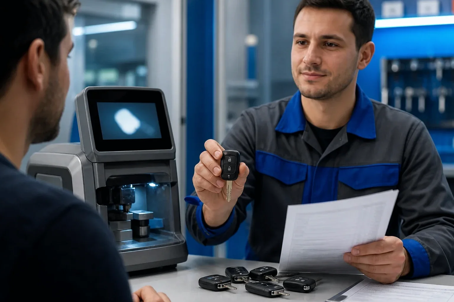 Chaveiro criando chaves codificadas em equipamento especializado em Petrópolis.