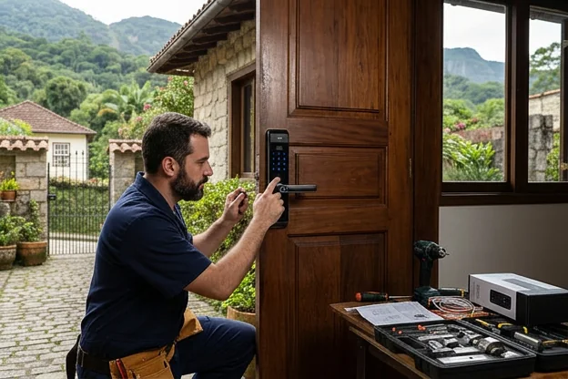 Fechadura digital moderna instalada em uma porta em Petrópolis.
